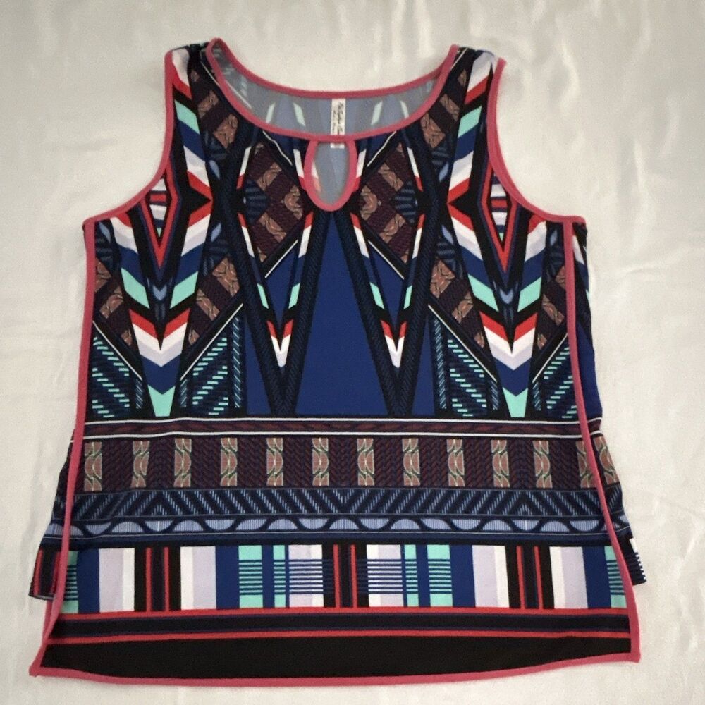 Per Seption Concept Women’s XL Multicolor Geometric Woven Stretch Keyhole Tank